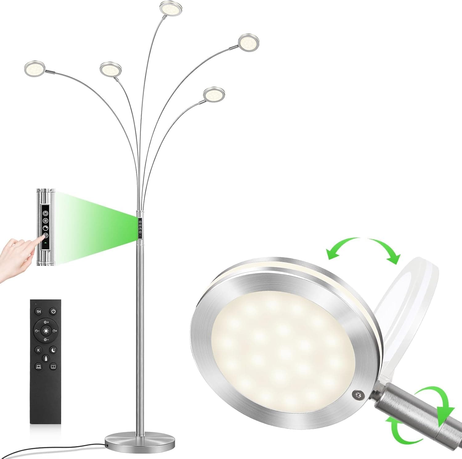 Nordic Hygge LED Arc Floor Lamp with Remote 2250LM Dimmable Multi Head Floor Lamp with Timer Adjustable Colors Brightness and 5 Adjustable Arms product image