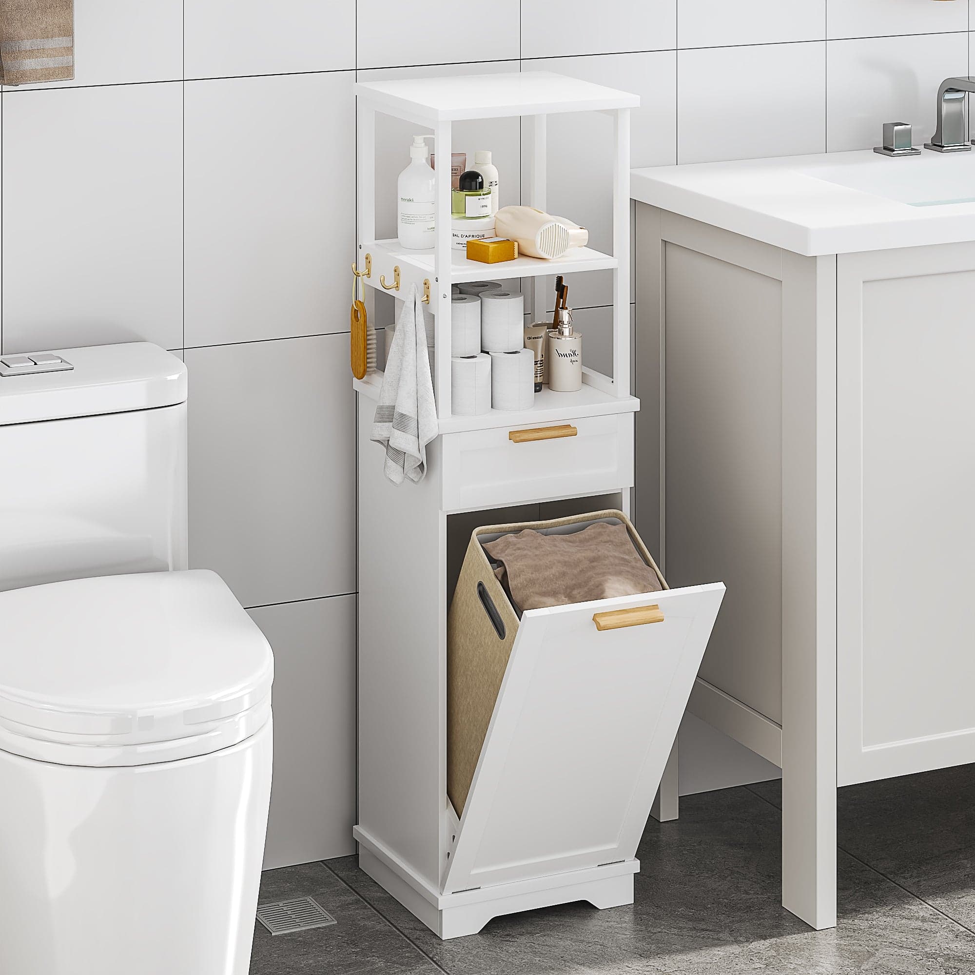 VECELO White Accent Cabinet with Tilt-Out Hamper, Hidden Trash Can Storage, Drawer and Side Hooks product image