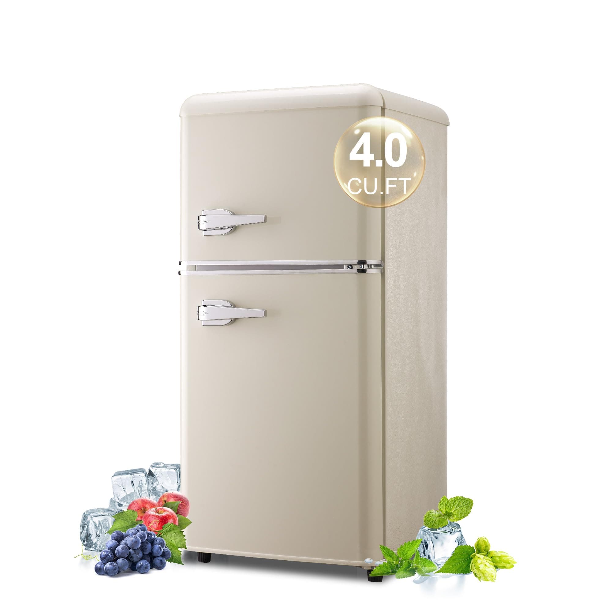 VEELIKE Cream Retro Mini Fridge with Freezer Compartment 4.0 Cubic Foot Capacity Double-Door Refrigerator 7-Level Adjustable Thermostat Removable  product image